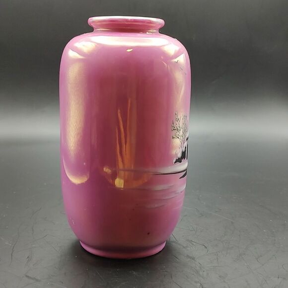 Nippon Hand Painted Pink Lusterware Vase Vintage Winter Scene Stamped - Picture 4 of 7